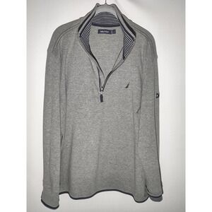 Nautica Mens Quarter Zip Pullover Sweater Gray Cotton Mock Neck Large Trimmed